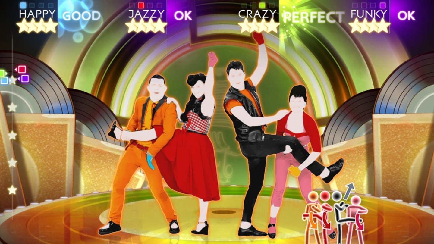 Just Dance 4Die Besonderheit des Tanz-Spiels auf der Wii U ist neben einigen Bonus-Titeln der Puppet Master-Modus, in dem ein Spieler während des laufenden Songs die Choreographie für die Tänzer ändern kann und so spezielle Herausforderungen schafft.