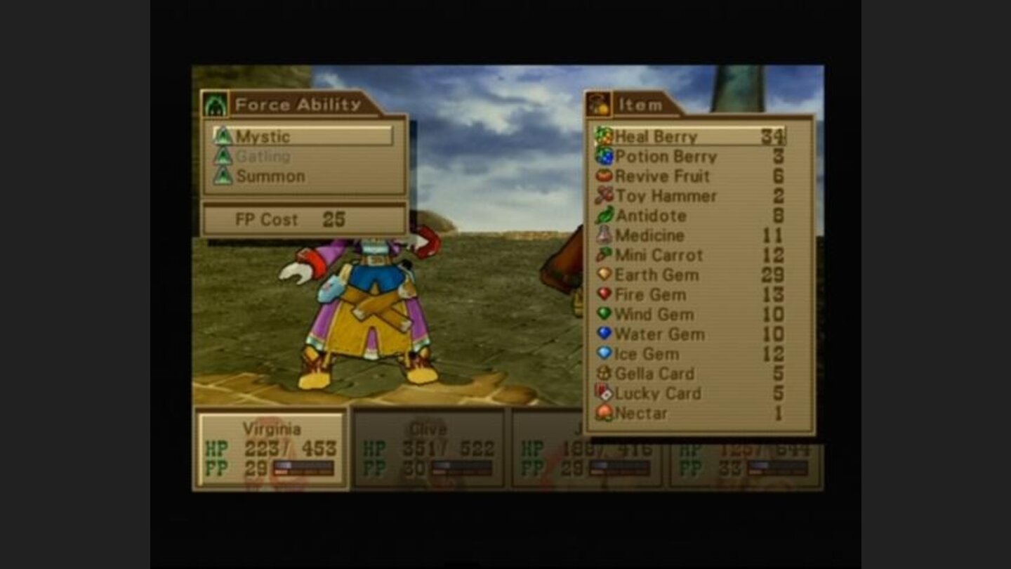 Virginia is using her mystic force ability to heal all party members with a single item from the inventory