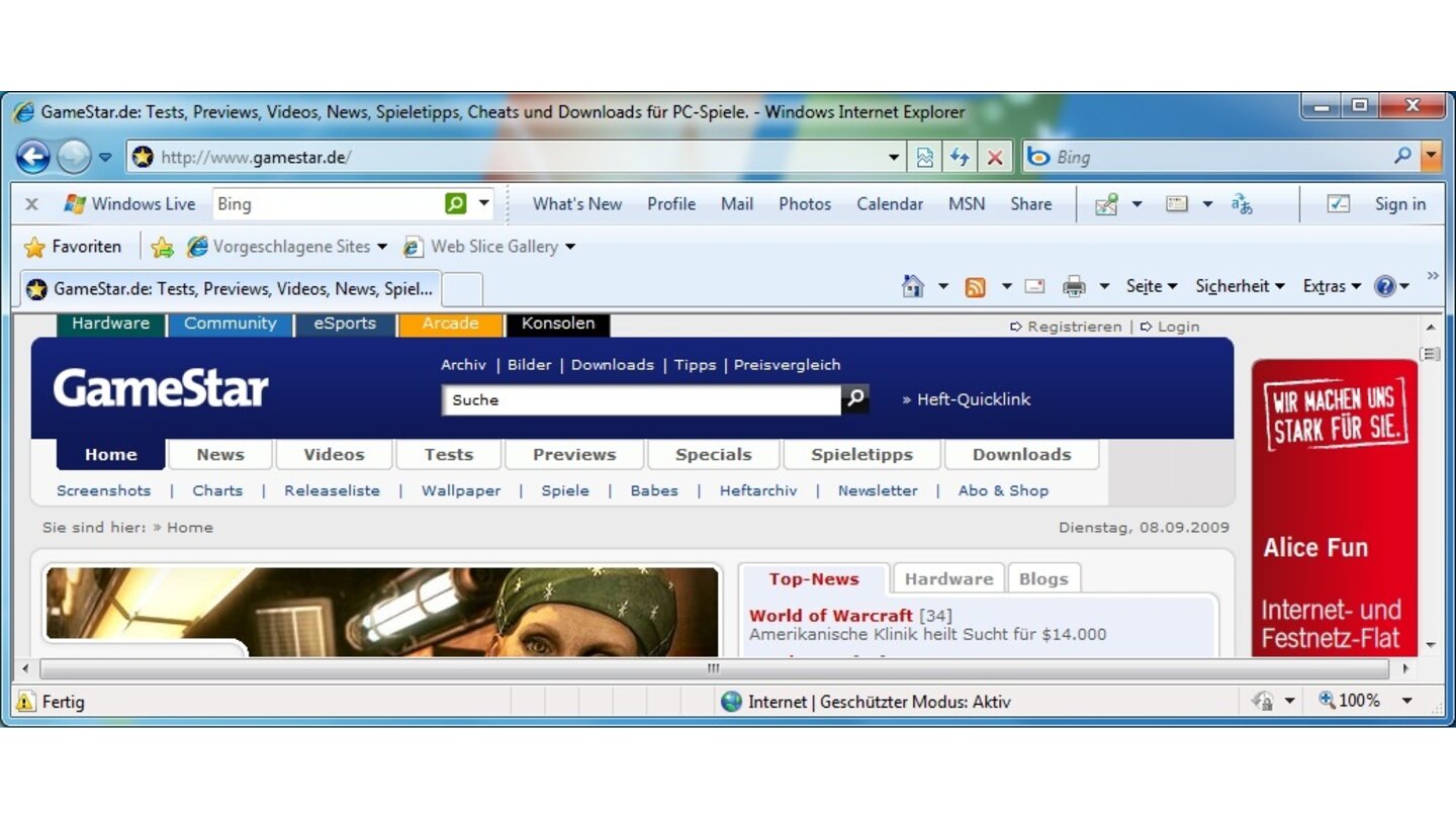 Live Toolbar: eine zusätzliche Menüleiste im Internet Explorer für Mails, Fotos oder den Status von Freunden im Live-Netzwerk.