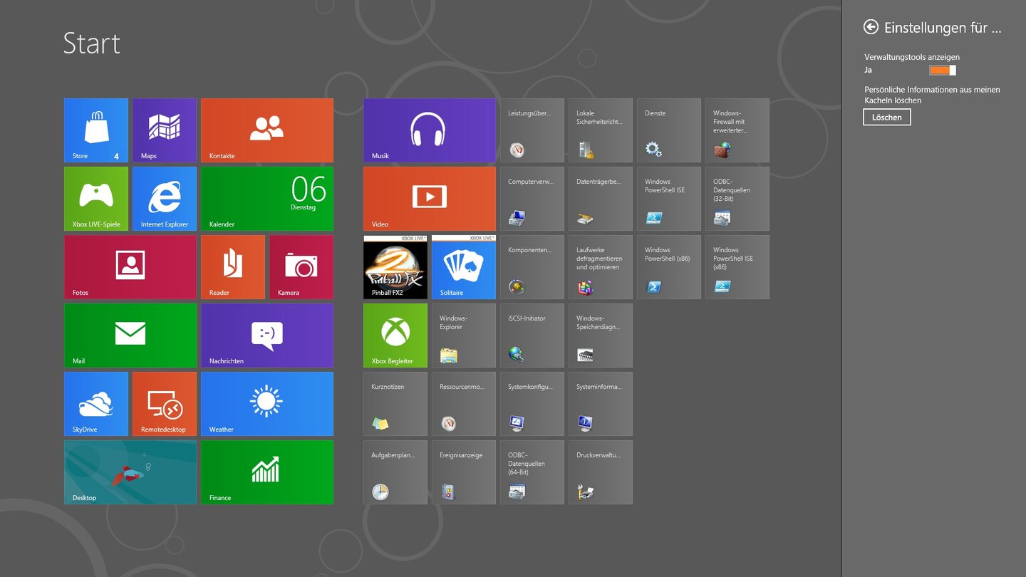 Über die rechte Charmleiste blenden sie unter »Einstellungen« die »Verwaltungstools« auf dem Startbildschirm ein.