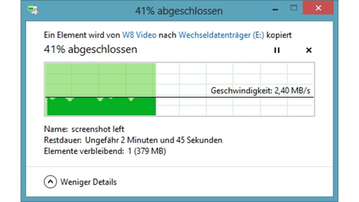 Dateien kopierenKopiervorgänge lassen sich unter Windows 8 jetzt pausieren. Zudem können wir über die blauen Links direkt aus dem Dialog heraus das Quell- und das Zielverzeichnis öffnen und die Zeitvorhersage ist erheblich exakter.