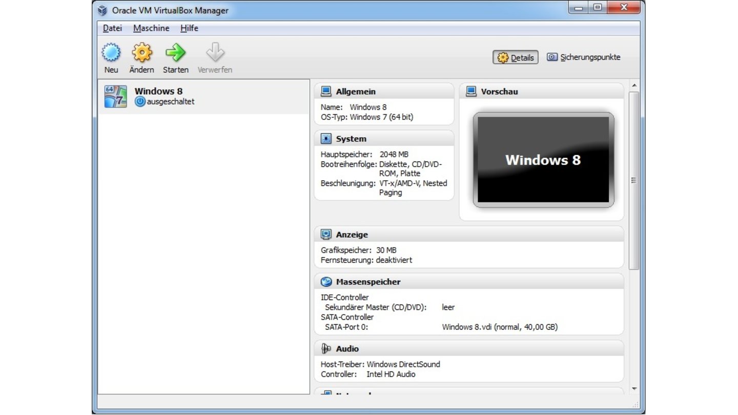 Schritt 12: VirtualBox hat nun die Festplatte erstellt und »Windows 8« getauft – so wollten wir es haben.