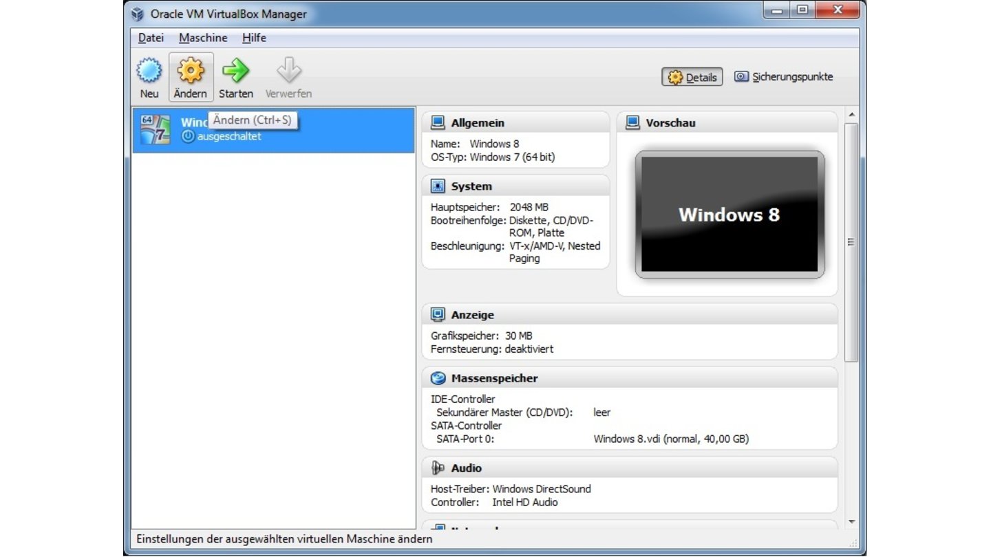 Schritt 13: Nun müssen Sie der virtuellen Maschine die Windows-8-Installationsdatei als Laufwerk zuordnen. Klicken Sie dazu auf »Ändern«.