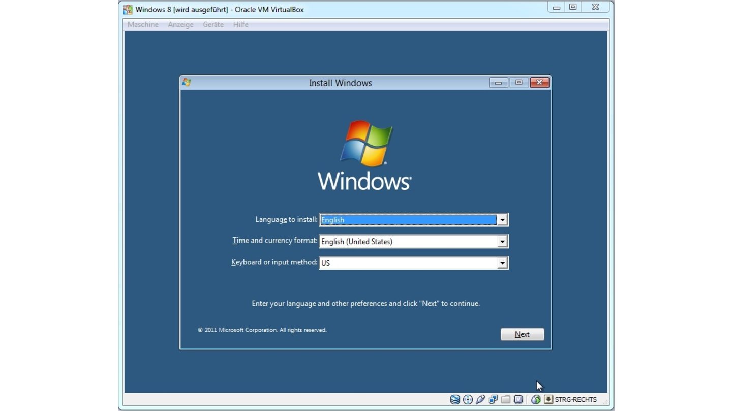 Schritt 21: Nach ein paar Sekunden startet die Installation von Windows 8. Klicken Sie zum Fortfahren auf »Next«…