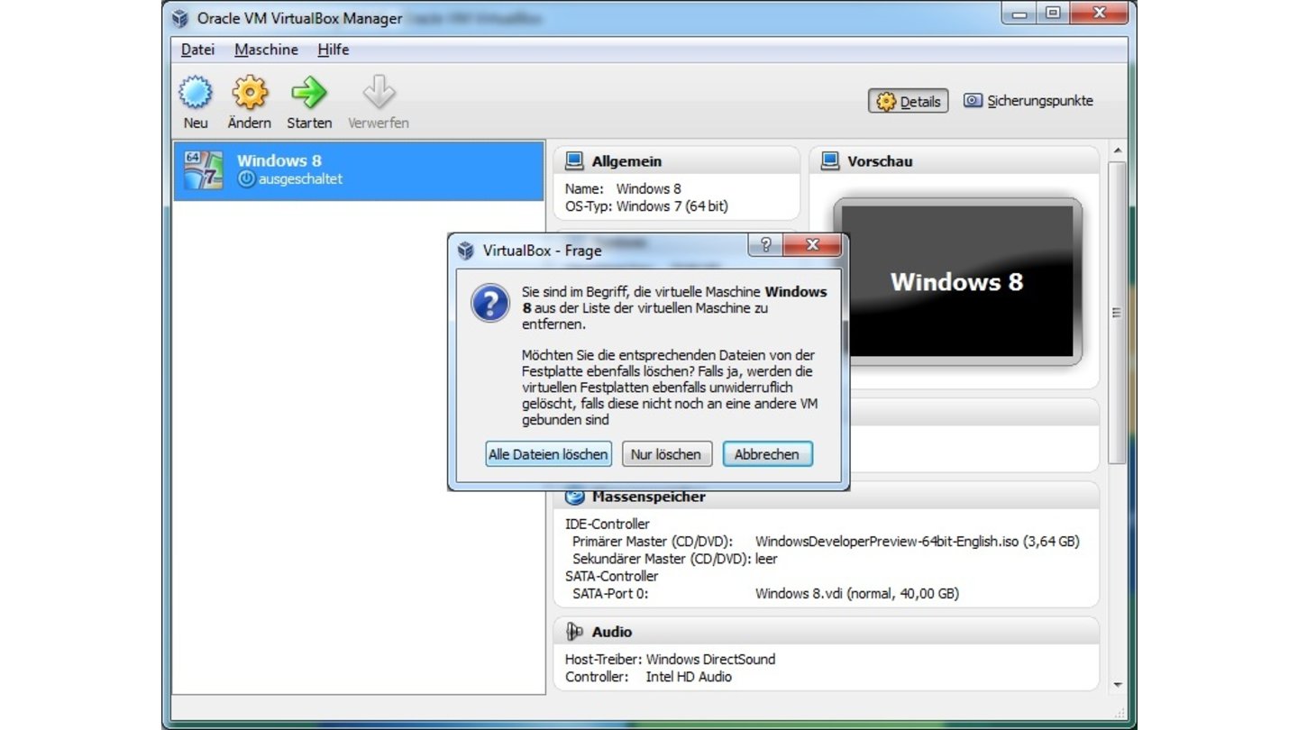 Schritt 37: Wollen Sie nach dem Test die Windows-Installation samt der virtuellen Festplatte wieder löschen, dann klicken Sie mit der rechten Maustaste auf die virtuelle Maschine in VirtualBox und wählen Sie »Entfernen« sowie »Alle Dateien löschen«.