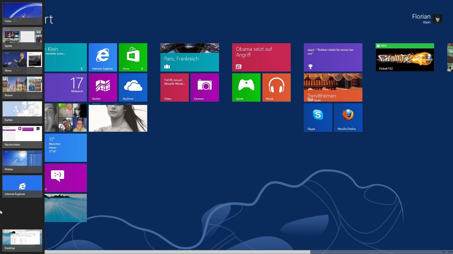 Windows 8Wenn Sie den Mauszeiger an den linken Bildschirmrand bewegen, zeigt Ihnen Windows 8 eine Übersicht der geöffneten Apps.