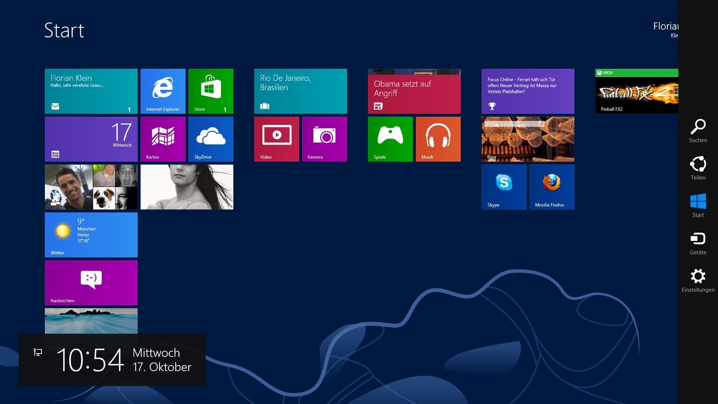 Windows 8
Wenn Sie den Mauszeiger an den rechten Bildschirmrand bewegen, erreichen Sie das kontextsensitive Charms-Menü mit diversen, auf Wunsch systemübergreifenden Optionen.