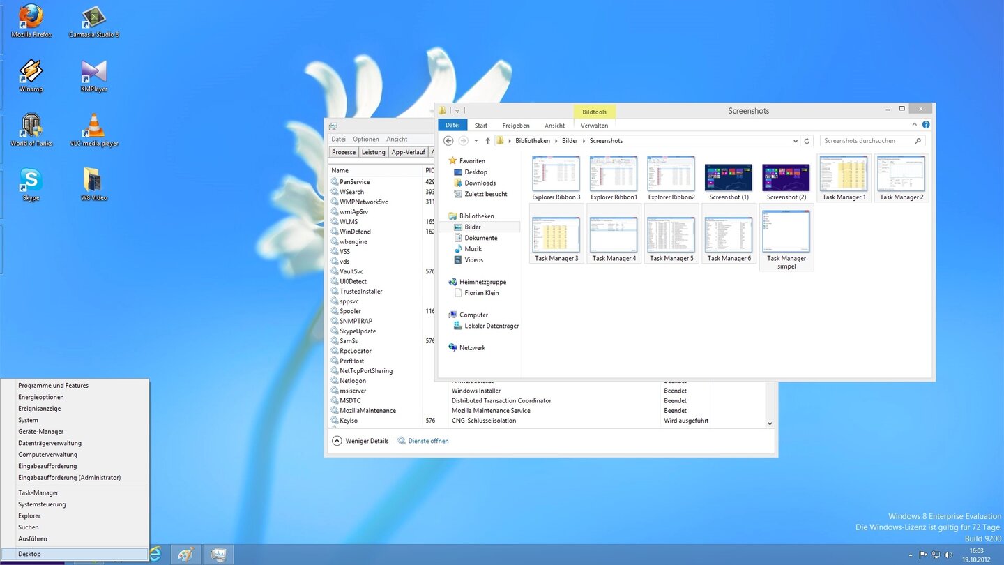 Windows 8Ein Rechtsklick an die Stelle des ehemaligen Start-Buttonsöffnet das neue Schnellmenü von Windows 8, welches Systemsteuerungsaufgaben im bequemen Zugriff bietet.