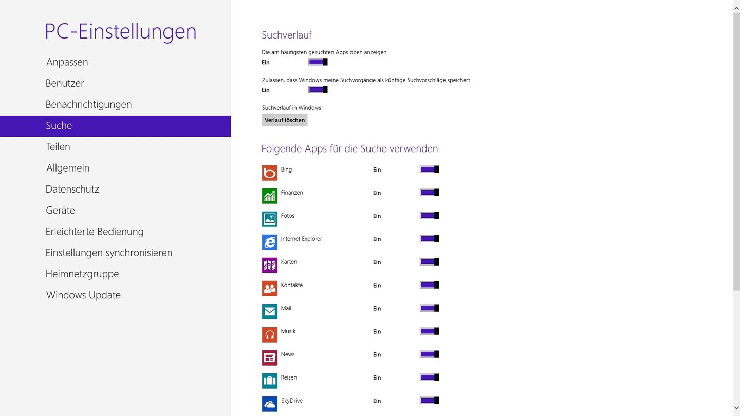 Windows 8
Ähnlich wie bei einem Smartphone oder Tablet dürfen Sie definieren, welche Apps und Bereiche in die Suche miteinbezogen werden sollen.