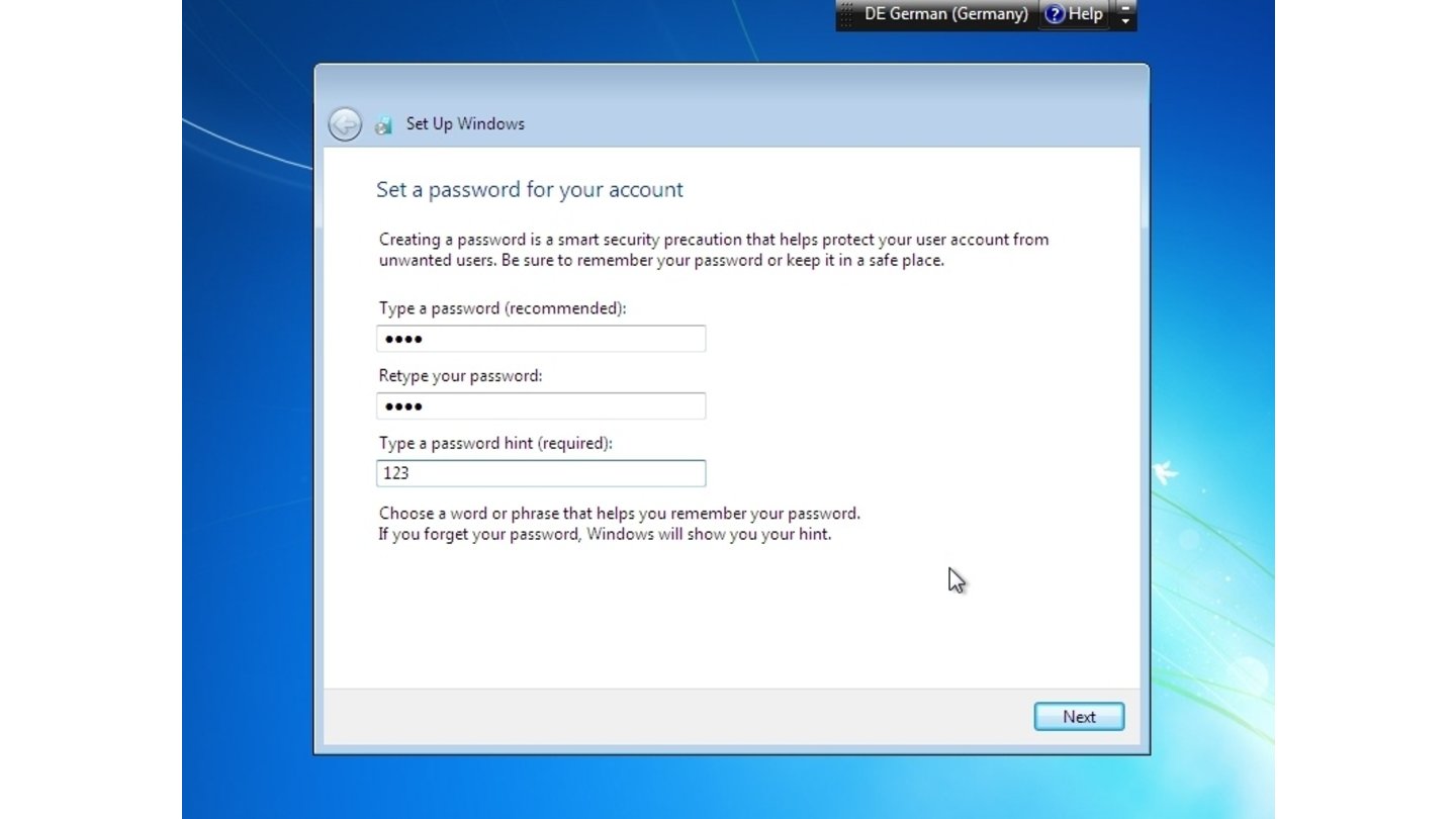 Anlegen eines Passwortes für den erstellten Benutzer