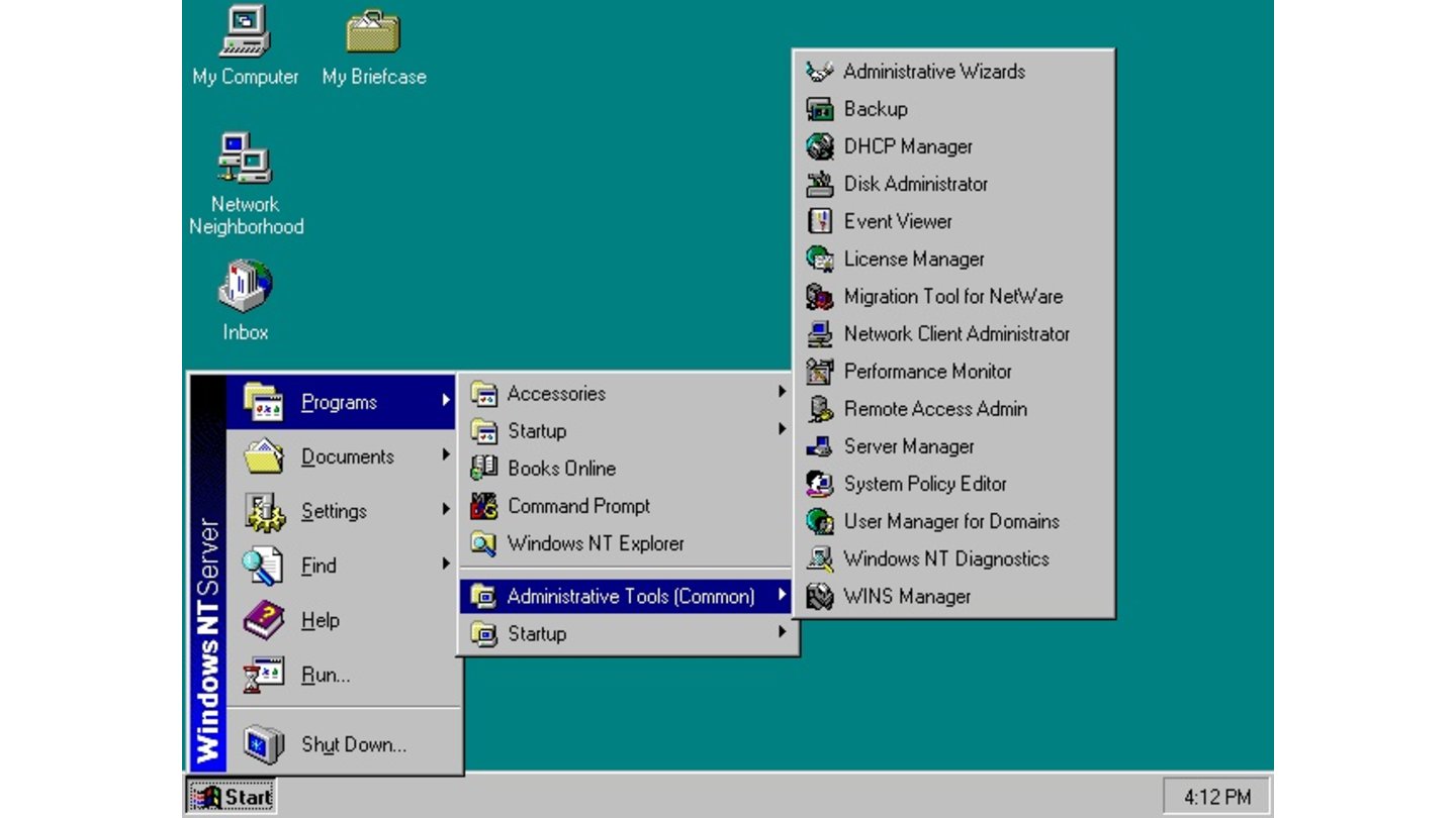 Windows NT 4.0 (1996)Mit der NT-Version 3.1 von 1993 verließ Microsoft die DOS-Pfade und entwickelte ein neues Profi-Betriebssystem auf 32-Bit-Basis. Richtig stabil und beliebt wurde diese Produktlinie mit NT 4.0 im Windows-95-Look.