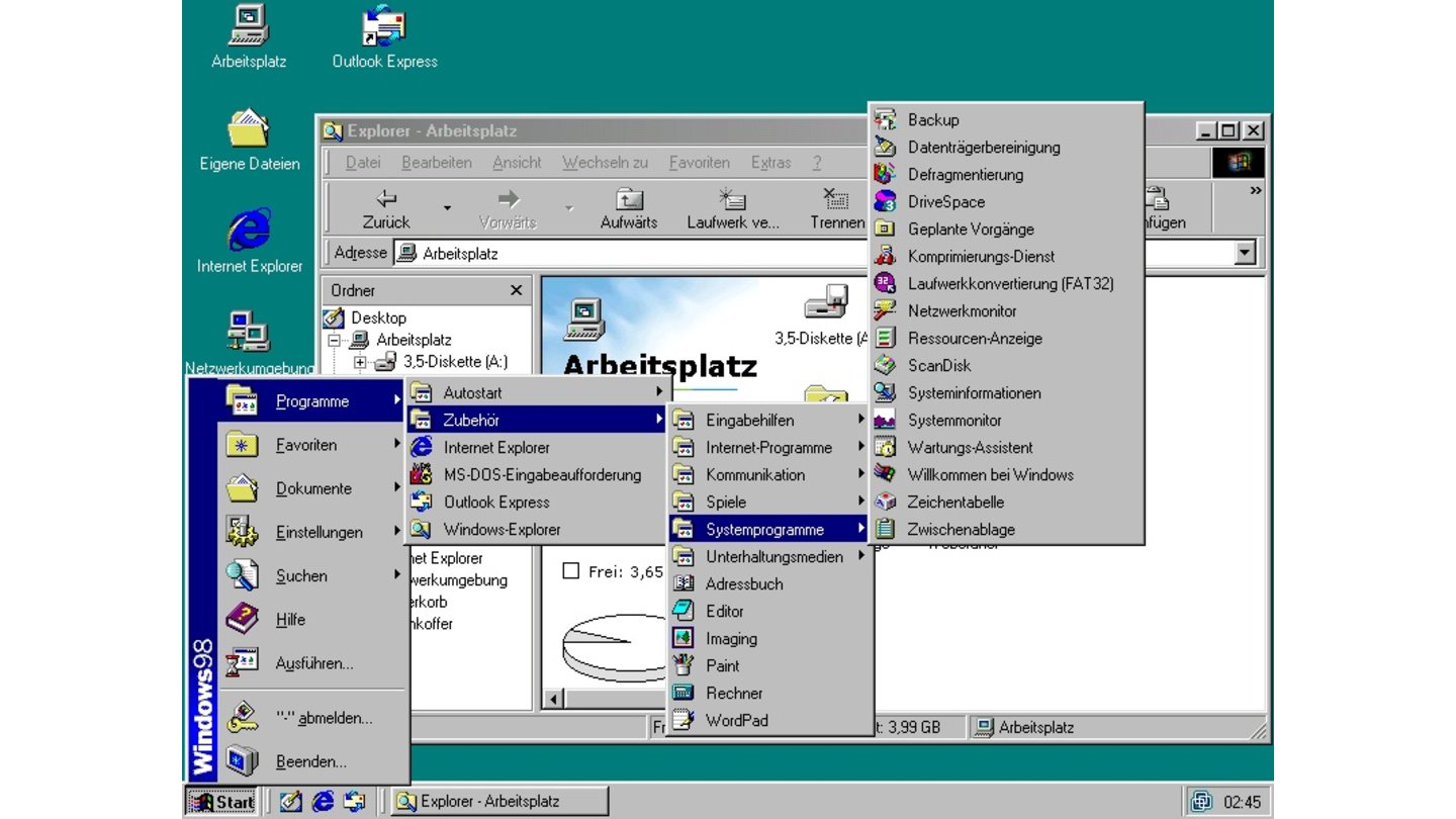 Windows 98 (1998)Gegenüber Windows 95 verbesserte Windows 98 die Hardware-Unterstützung. Ein Jahr später veröffentlichte Microsoft die überarbeitete und vor allem stabilere Second Edition.