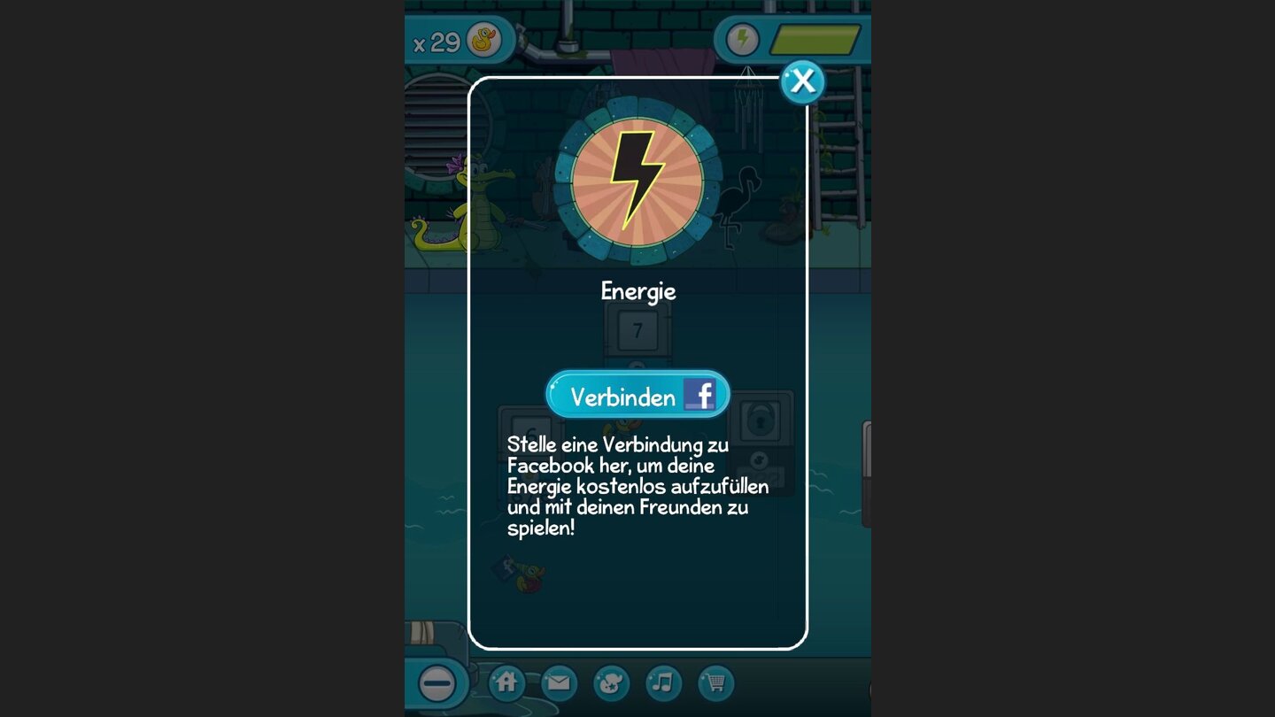 Wo ist mein Wasser? 2Social-Media-Elemente findet man im Spiel an jeder Ecke. Ähnlich wie viele Facebook-Spiele leert sich beim Spielen die Energieleiste. Wer sein Facebook Profil verknüpft bekommt mehr Energie und diverse Boni dafür.