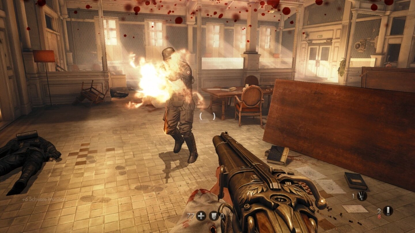 Wolfenstein: The New OrderNeben einigen futuristischen Waffen verfügen wir auch über klassische Schrotflinten und Sturmgewehre.