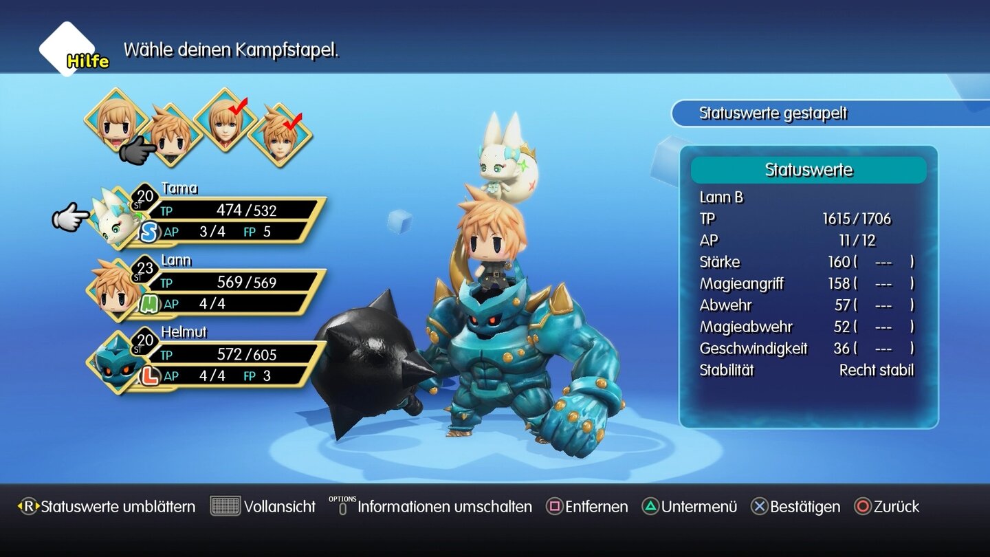 World of Final FantasyIm Menü konfigurieren wir unseren Kamfstapel als Hüne (groß) und als Murkel (klein).