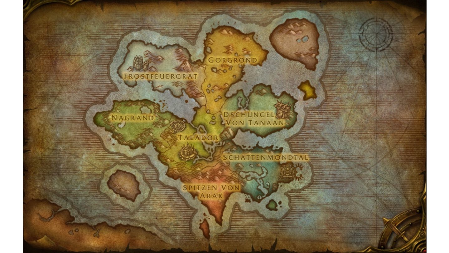 World of Warcraft: Warlords of Draenor - ZonenDer neue Kontinent ist in sieben Zonen aufgeteilt, nur das Schattenmondtal und Nagrand haben ihren Namen auch noch zu Zeiten der Scherbenwelt behalten.