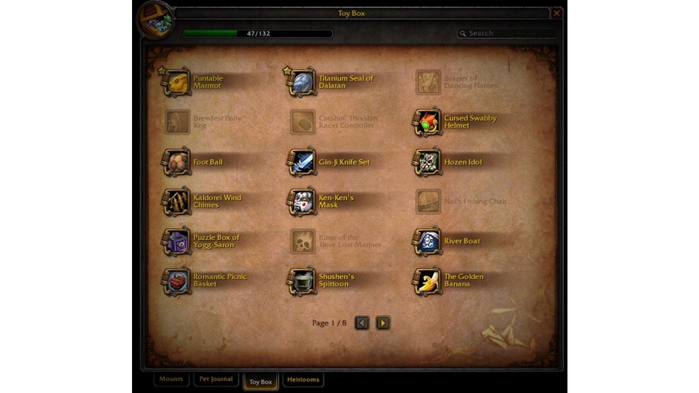 World of Warcraft: Warlords of DraenorZu den neuen Inventarfunktionen zählen die Sammlungen, die Erbstücke, aber auch Spaßgegenstände verwalten und so zeigen, welche Items dieser Kategorien noch nicht erbeutet wurden.