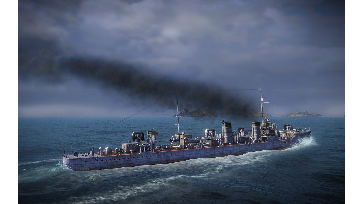 World of WarshipsEin Zerstörer rauscht mit Volldampf und eingeschaltetem Rauchgenerator durch die Wellen.