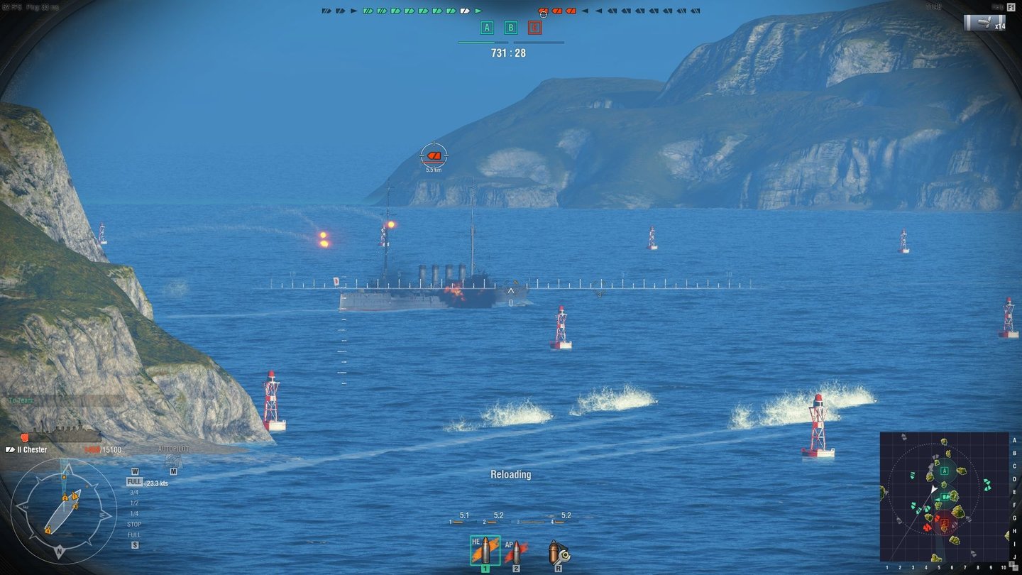 World of WarshipsEinen Großteil des Spiels verbringen wir in der doch recht schmucklosen Zielansicht.