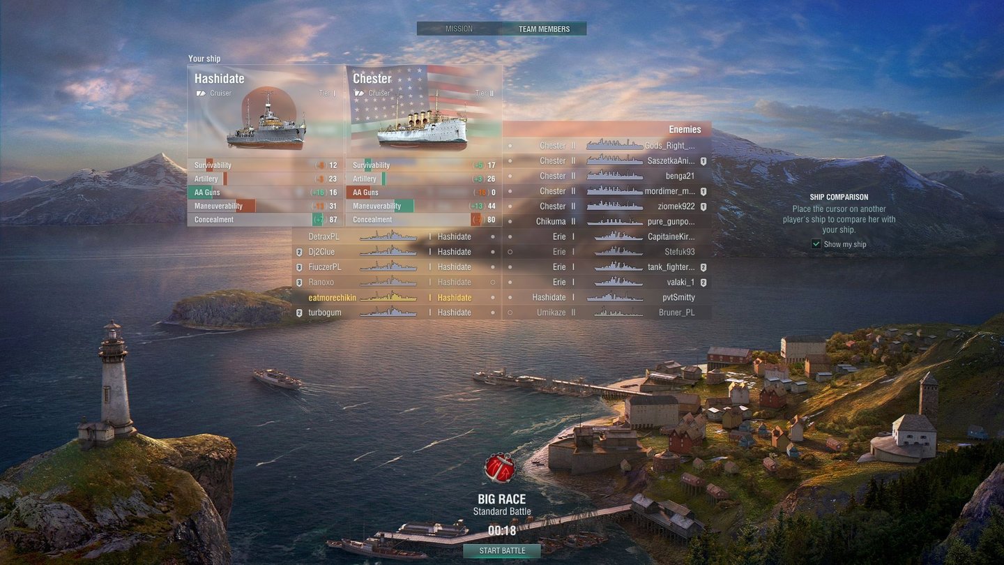 World of WarshipsPraktisch: Im Ladebildschirm vergleichen wir unser Schiff mit denen unserer Feinde.