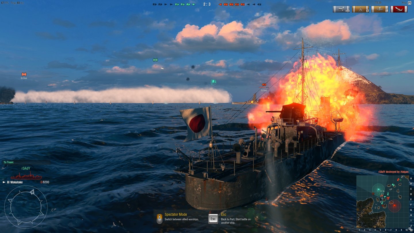 World of Warships - Screenshots aus der Closed BetaAus und vorbei: Der gewagte Angriff im Nahkampf hat sich nicht ausgezahlt, der Zerstörer ist.. zerstört.