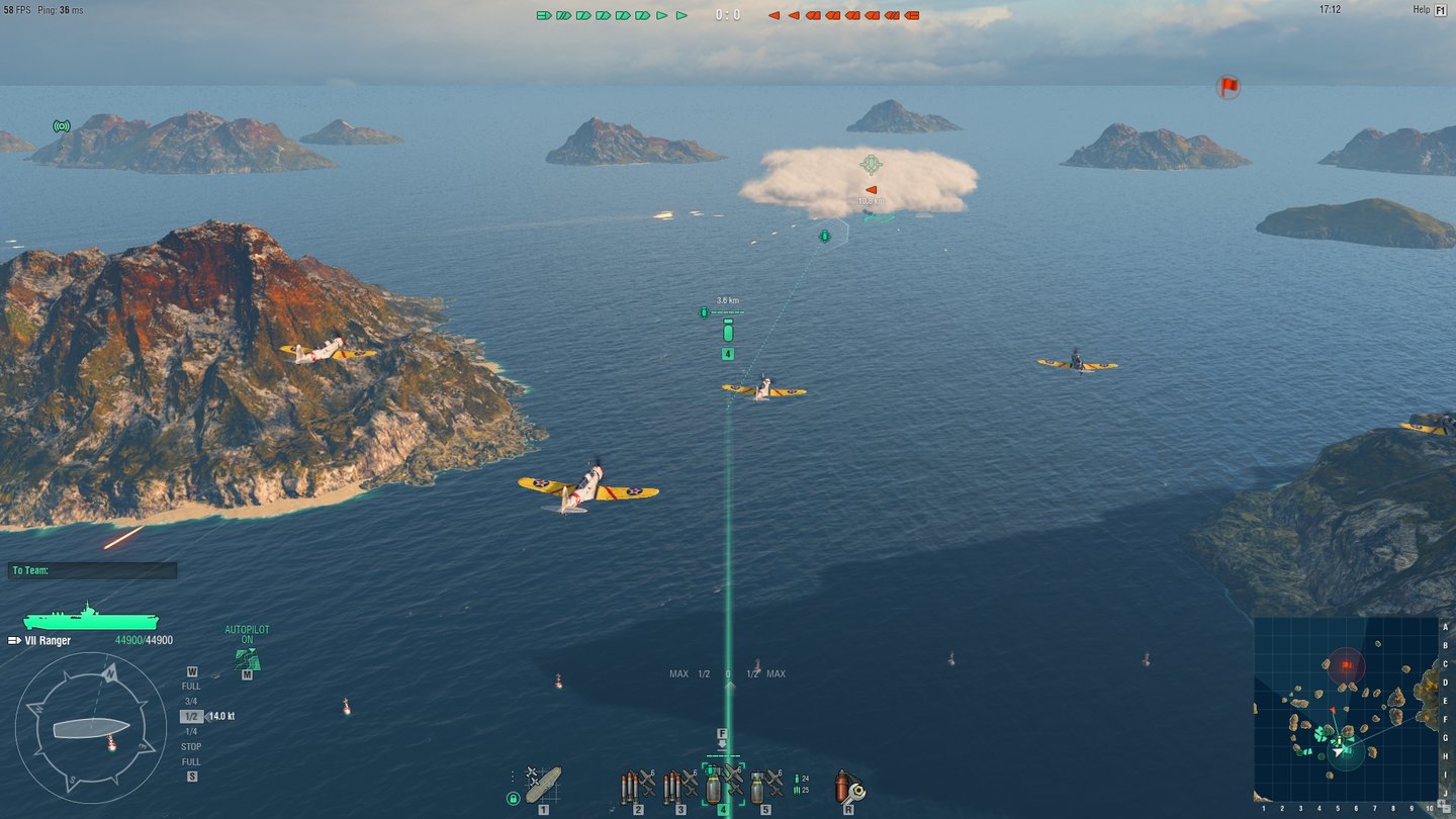 World of Warships - Screenshots aus der Closed BetaDie Torpedobomber der Ranger im Anflug auf ihr Ziel. Fliegerstaffeln bestehen immer aus sechs Flugzeugen und müssen nach einem Abwurf immer wieder zum Träger zurück.