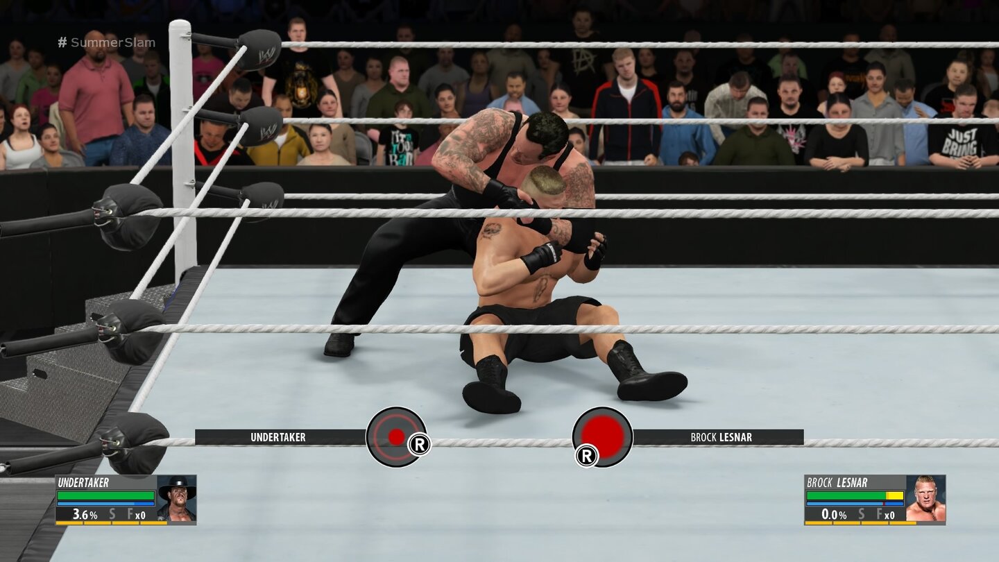 WWE 2K16Die meisten Minispiele im Kampfgeschehen sind simpel, aber effektiv: Wir suchen per Analogstick einen Hotspot.