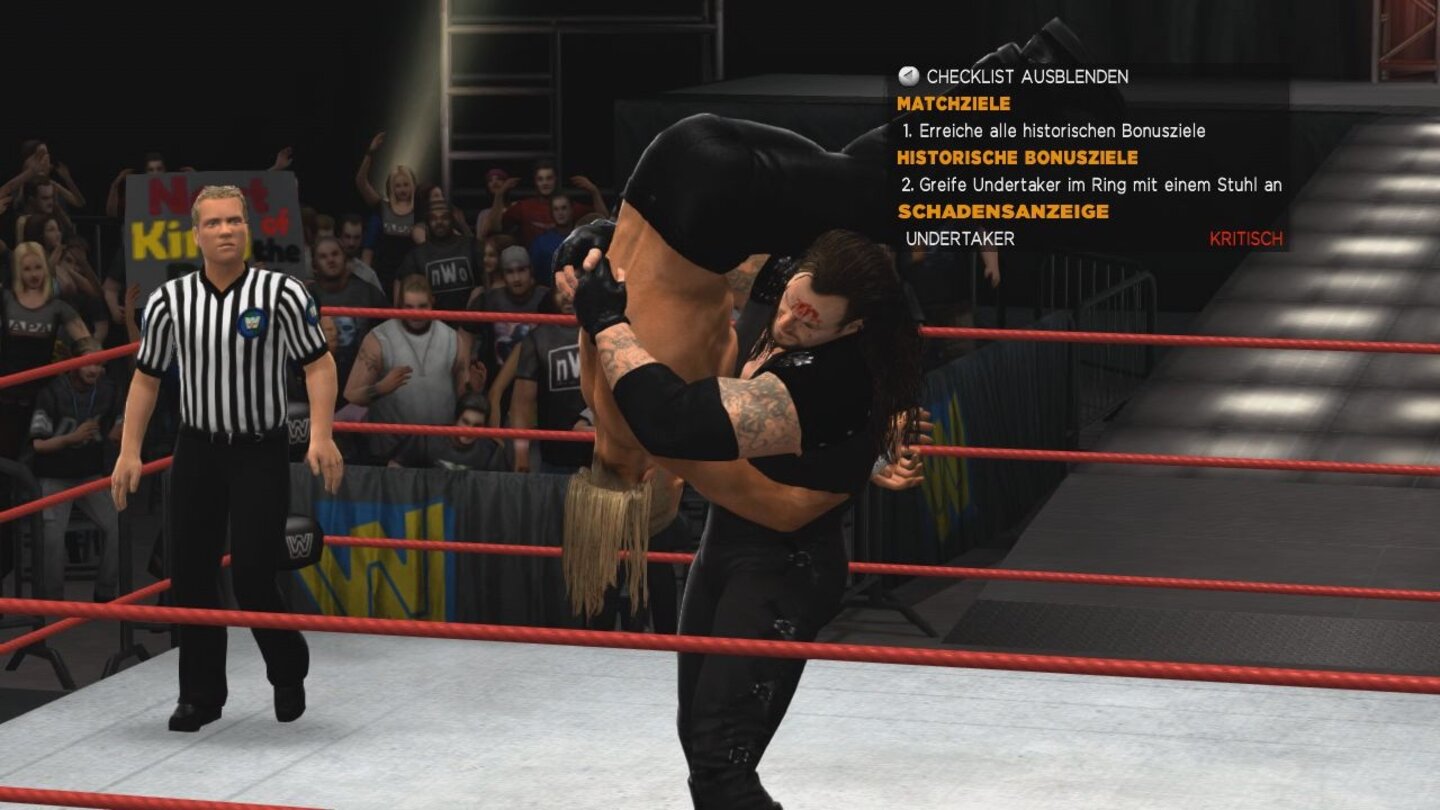 WWE13Im Attitude-Modus seht ihr auf der ausblendbaren Liste, welche Matchziele ihr erreichen müsst.