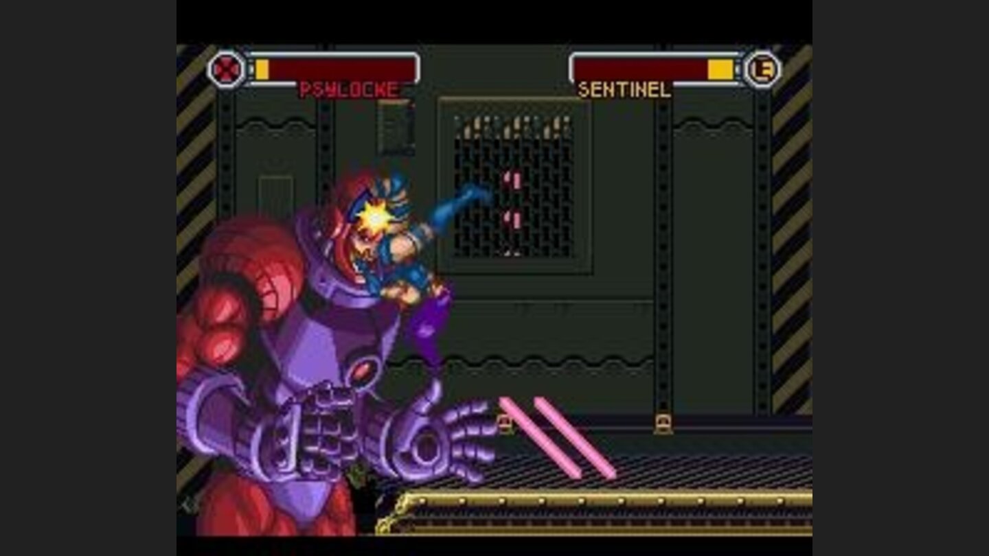 Psylocke fighting against a Sentinel