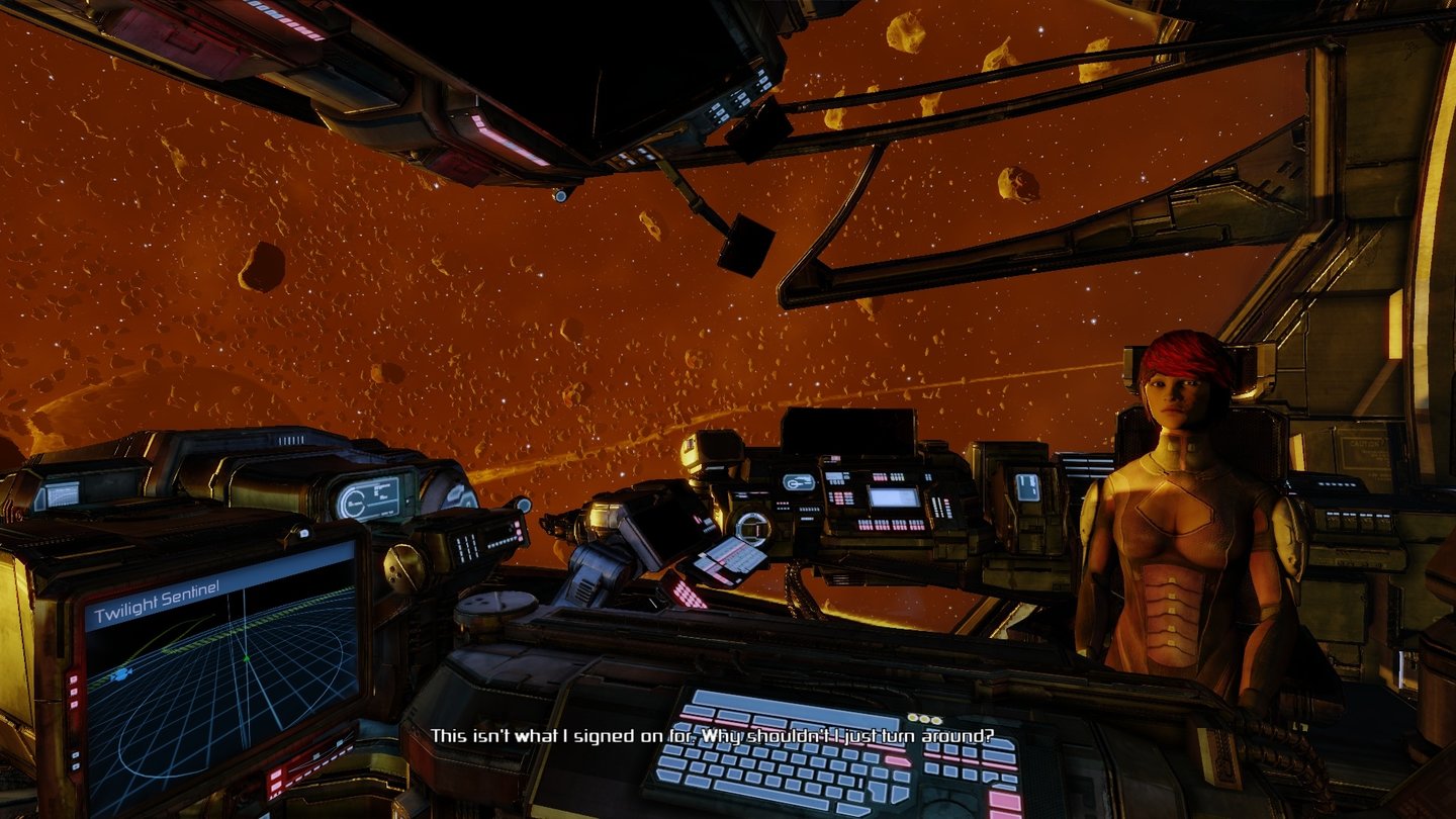 X: Rebirth - Screenshots aus Version 2.0Wer mag, kann sich das Hauptmenü nun oben links im Cockpit einblenden lassen, sodass man sich nicht immer zu Yisha umdrehen muss.