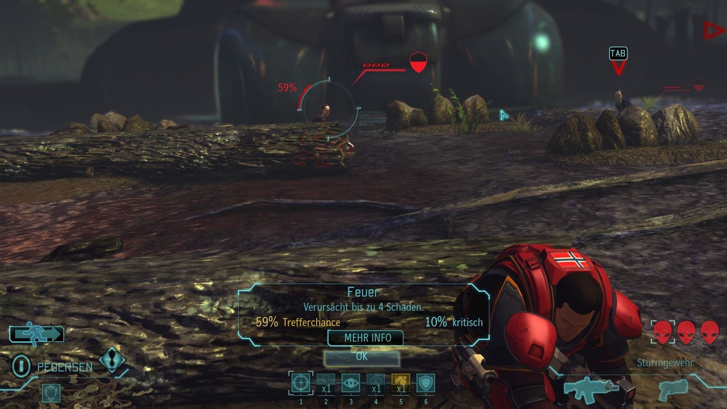 XCOM: Enemy UnknownVor jedem Schuss wird am unteren Bildrand die Trefferwahrscheinlichkeit angezeigt.
