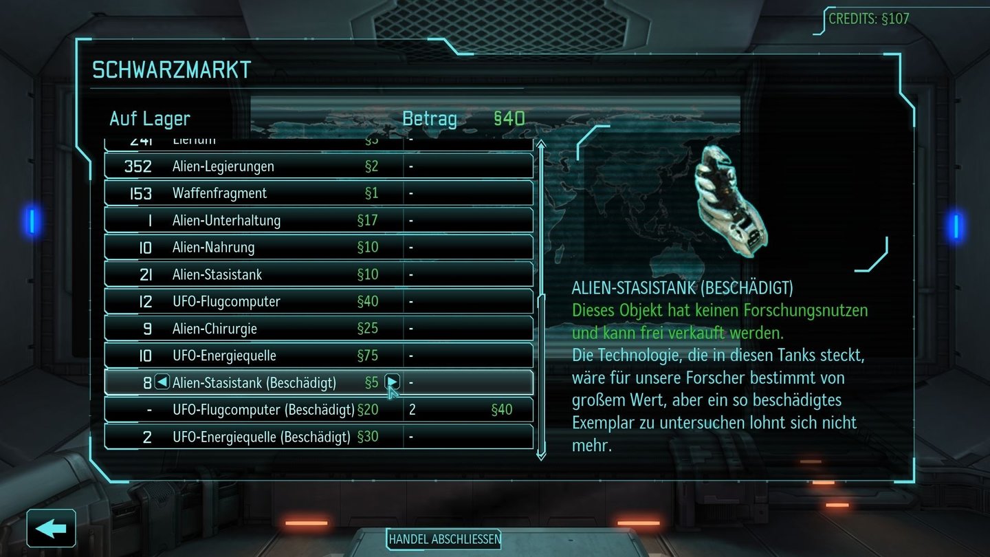XCOM: Enemy UnknownÜberschüssige Alien-Leichen und anderen erbeuteten ET-Krempel dürfen wir auf dem Schwarzmarkt verkaufen.
