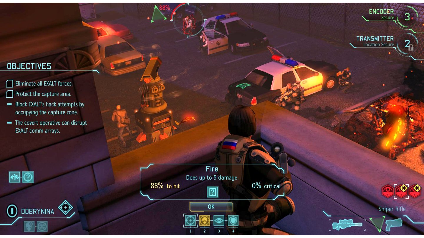 XCOM: Enemy WithinVon diesem Dach aus hat die Heavy-Soldatin Dobrynina ein gutes Schussfeld auf den EXALT-Agenten hinter dem Polizeiwagen.
