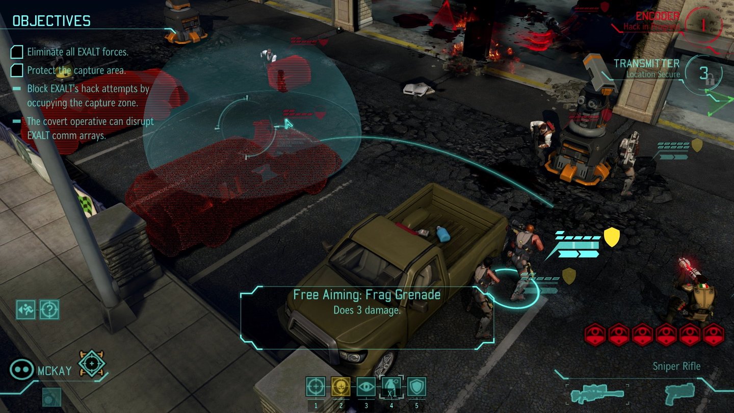 XCOM: Enemy WithinDas Interface zum Werfen von Granaten wurde in Enemy Within leicht verändert und zeigt jetzt alle Objekte, Personen und Aliens in einer roten Musterung, die von der Explosion betroffen sind.