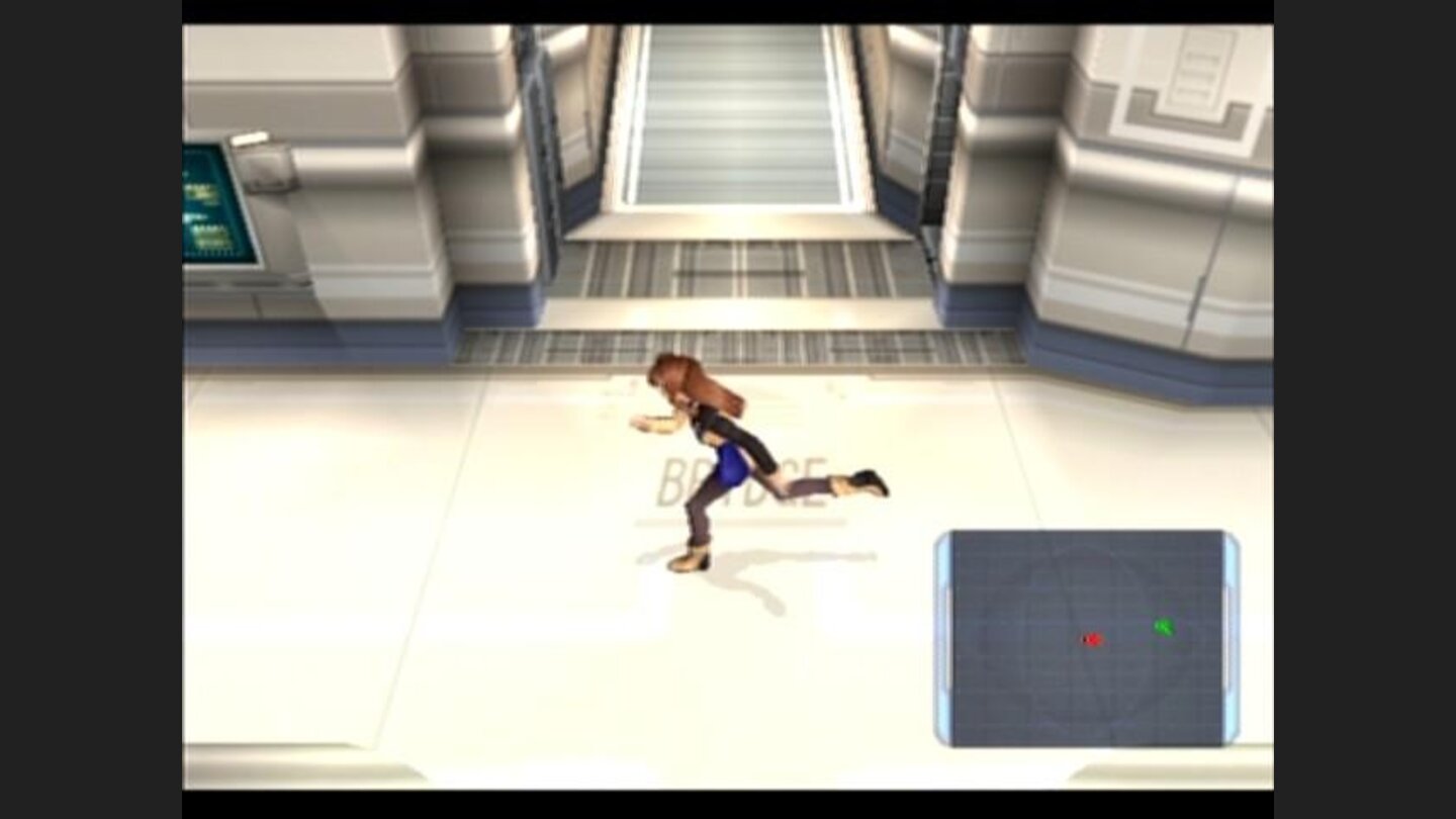 Shion running the corridors of a cargo ship