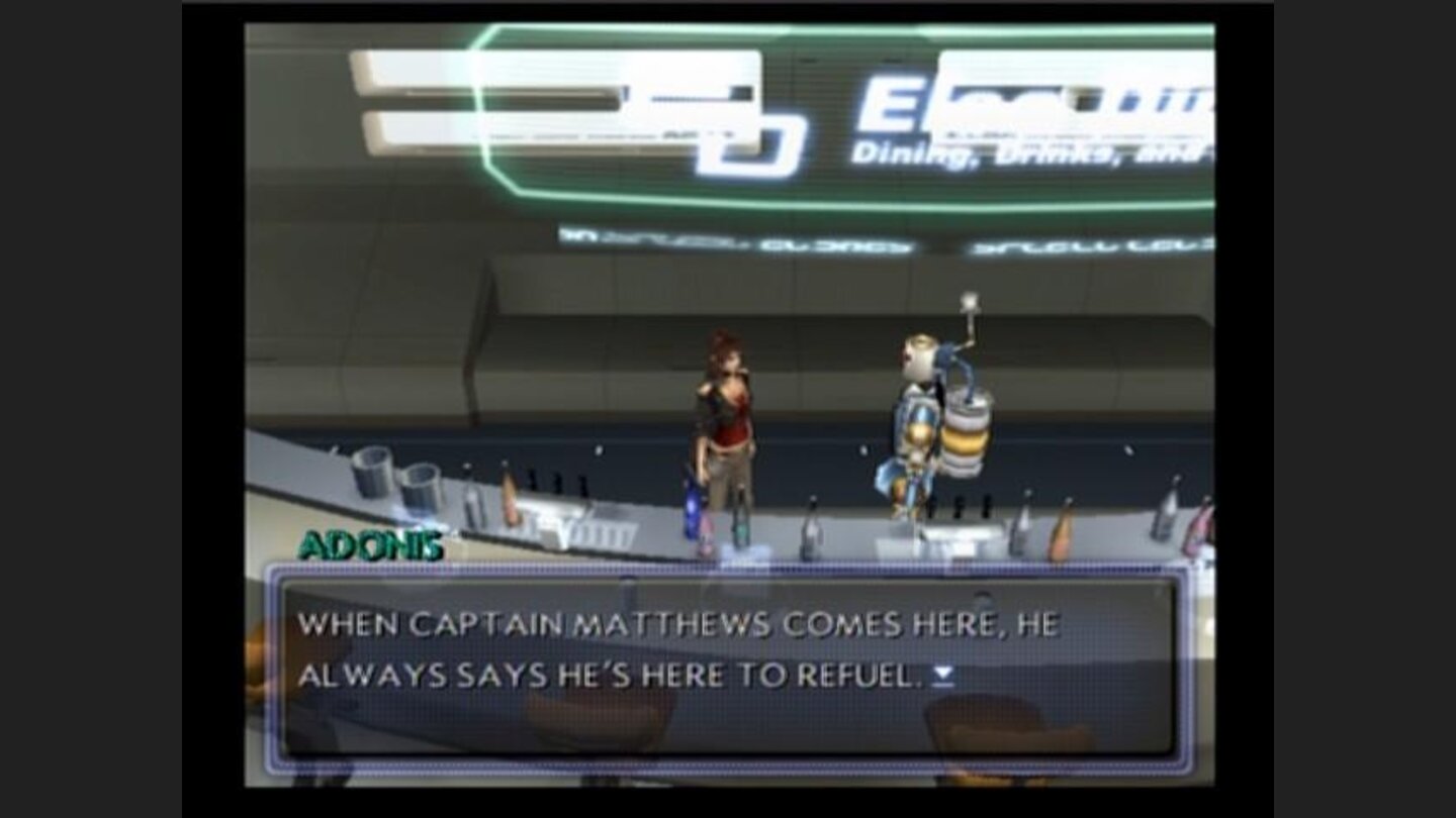 Shions talking to a barman droid onboard Elsa