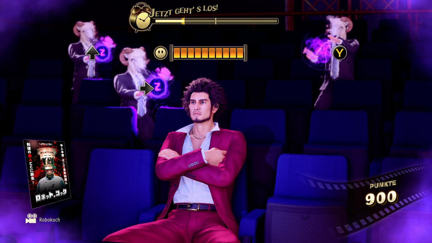 Yakuza: Like a DragonDas ist wieder mal typisch Yakuza: Um im Retro-Kino nicht einzuschlafen, müssen wir per Tastendruck bösartige Schlafböcke hinwegklopfen.