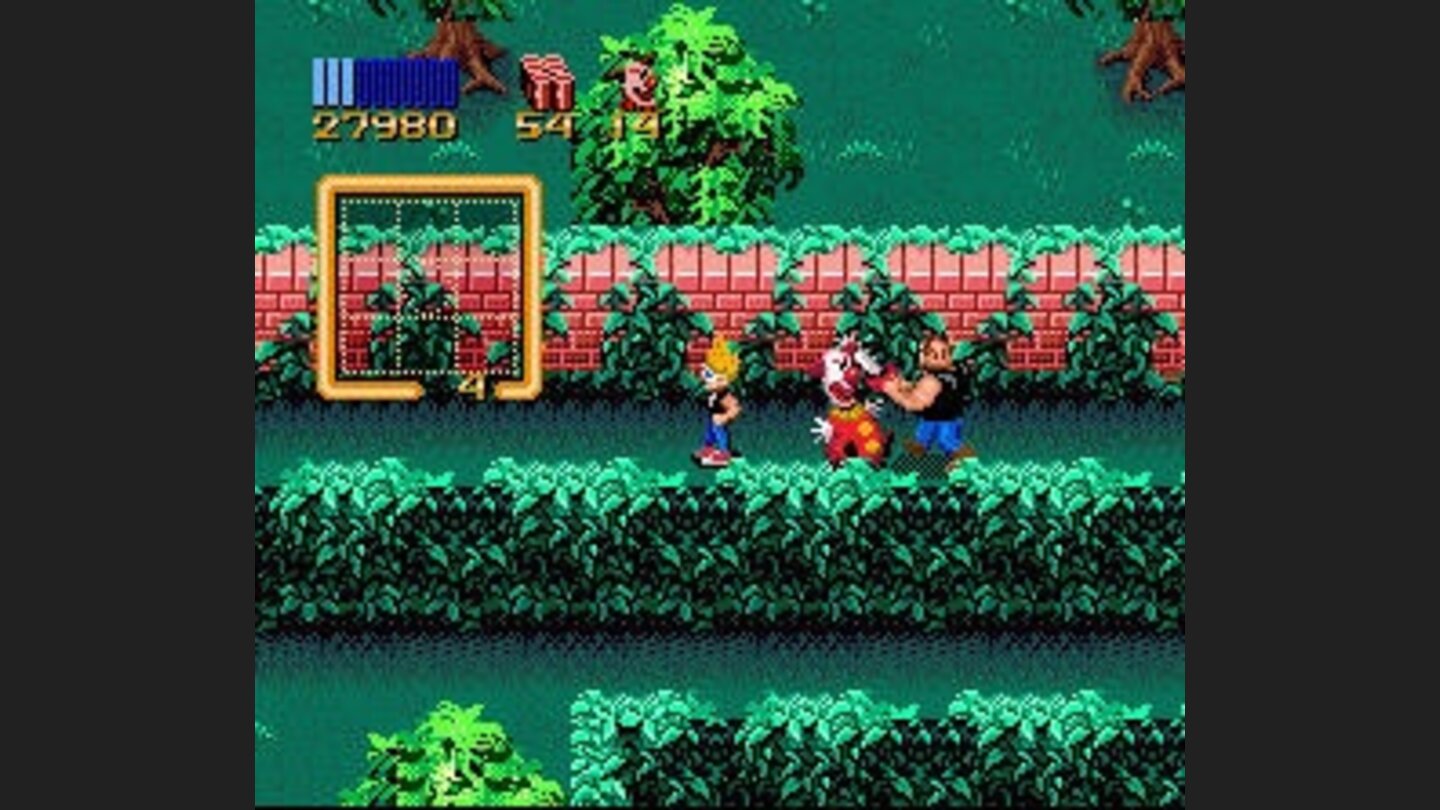Zeke uses the clown power-up to block the path, it will temporarily stop the chainsaw wielding maniac