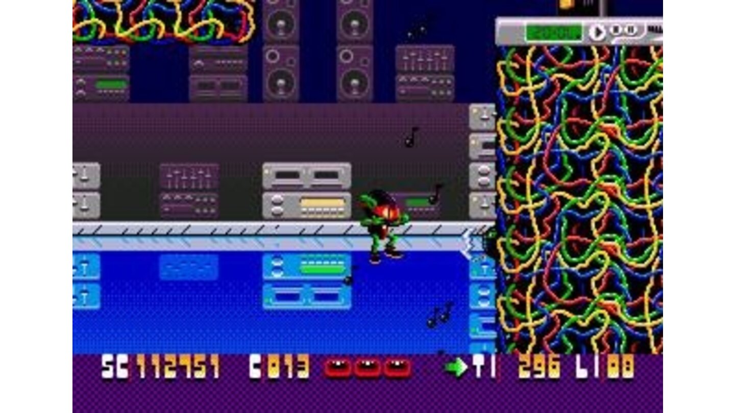 Zool is blown up into the air by music notes