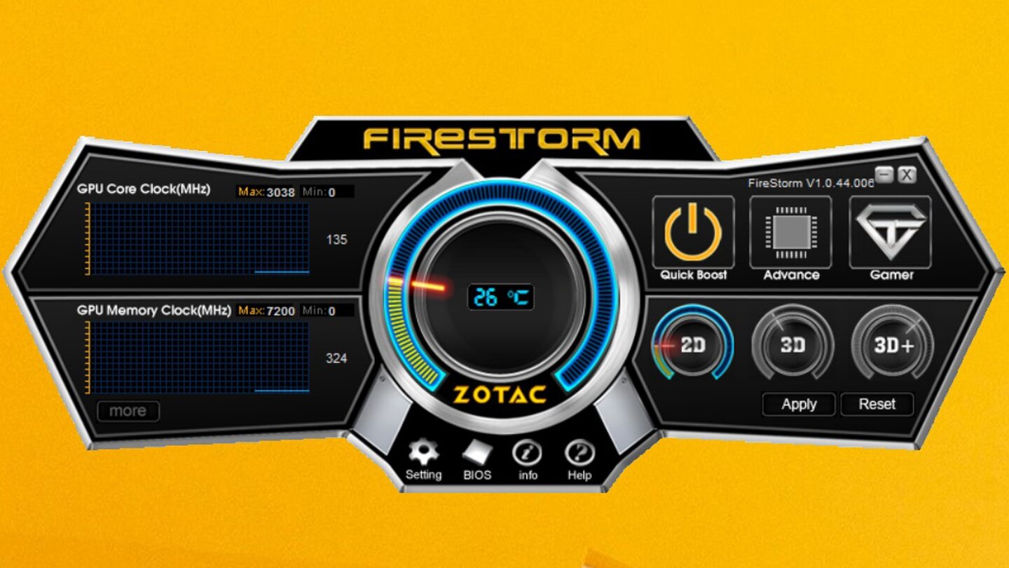Über das »Firestorm«-Tool von Zotac können Sie die Taktrate der Geforce GTX 970 AMP! Extreme anpassen und Informationen zur Temperatur, Spannung und Lüfterdrehzahl auslesen.