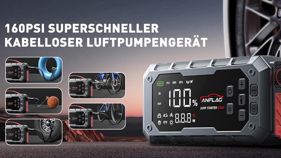 Mit dem integrierten Luftkompressor pumpt ihr eure Reifen, oder im Urlaub auch mal die Luftmatratze auf.