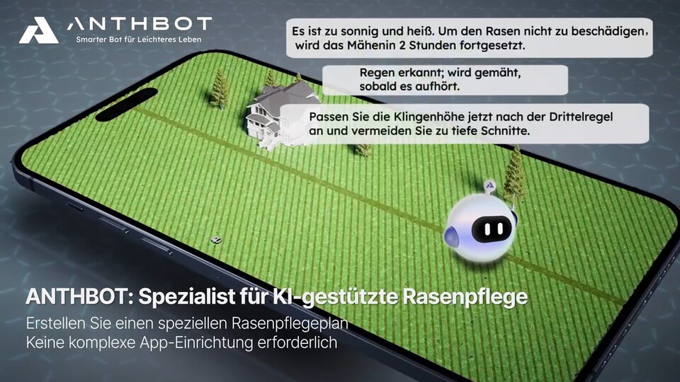 Ein Genie im Garten: Der ANTHBOT denkt beim Mähen mit und sorgt dafür, dass euer Rasen stets gesund bleibt.