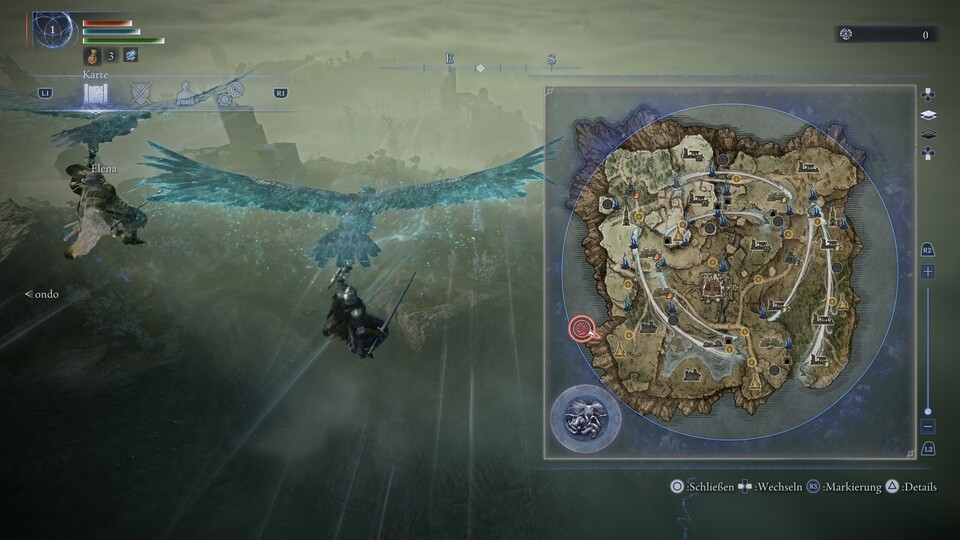 Während des Anflugs öffnen wir die Karte und sehen: Wir landen bei einer Kirche, einer Gnade und einer Festung. Perfekte erste Ziele!