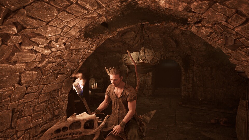 In zwei von drei Versuchen konnten wir mit dem Scavenger in den Raum gelangen. Einmal warf uns das Tier vor dem Torbogen im Hintergrund ab. Die Kiste steht vor dem Helden auf dem Boden.