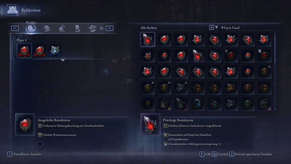 Legt in der Tafelrundfeste vor der Expedition Relikte für euren Charakter fest: Weil der gejagte Nachtlord Wahnsinn-Schaden austeilt, erhöhen wir unsere Resistenz dagegen.