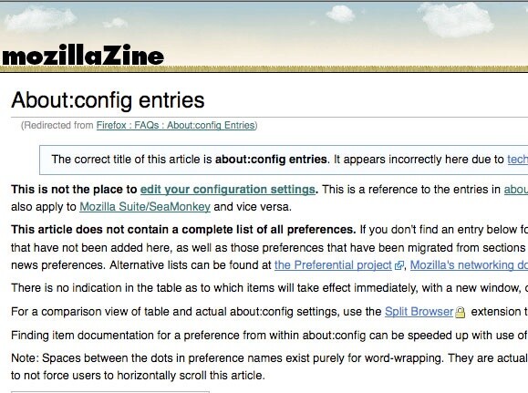 Mozilla Zine listet Konfigurations-Befehle auf