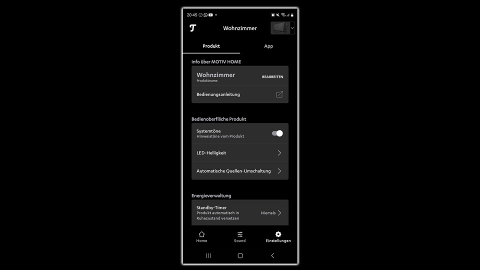 Der Bereich für die Feinheiten: von Beleuchtung zu Stand-by-Optionen.