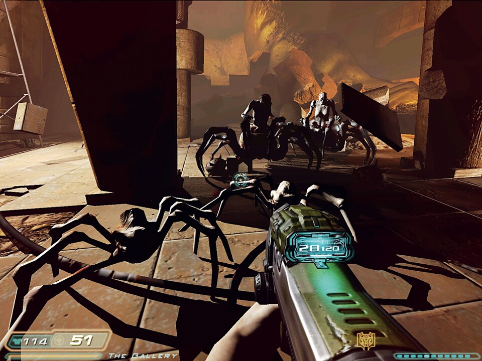 Doom 3: Im Remake des ersten Doom-Teils (2004) werfen alle Objekte im Spiel realitätsnahe Schatten, wenn auch noch mit scharfen Kanten. Viele Rechner gingen vor dieser Aufgabe in die Knie.