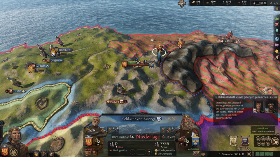 Der Kreuzzug um das von Wikingern gehaltene Galizien ist in vollem Gange. Meine Verbündeten sehen aber lieber zu, wie der Schwedenkönig meine Truppen massakriert. Entsprechend finster gucke ich unten links.