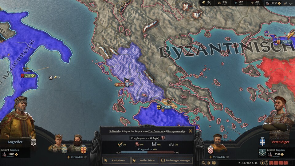 Zahlreiche Bündnisse, unter anderem mit Frankreich, erlauben es mir, Epirus zu erobern. Denn ich kann mich in der Regel darauf verlassen, dass die verbündete KI auch tatsächlich mit ihren Truppen effektiv für mich kämpft.